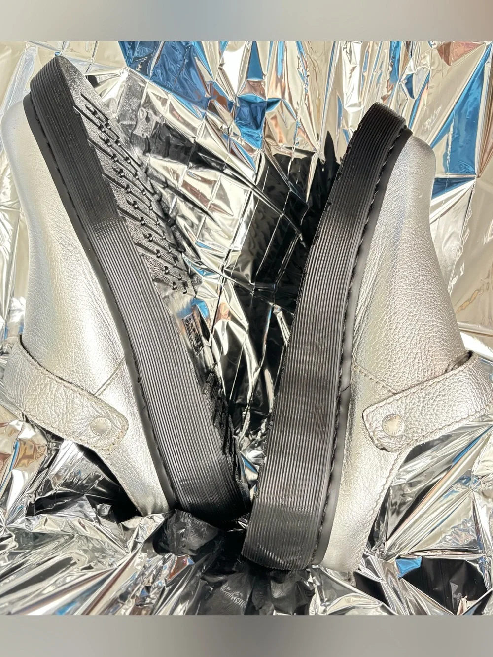DR. MARTENS LAKETEN SILVER SLINGBACK MULES, size 9M